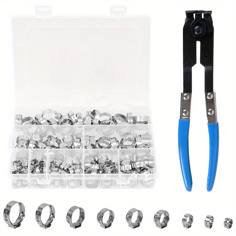 Image of 170pcs Stainless Steel Hose Clamp Set With Blue Pliers - Adjustable Single Ear Clamps In 9 Sizes, And For Fastening