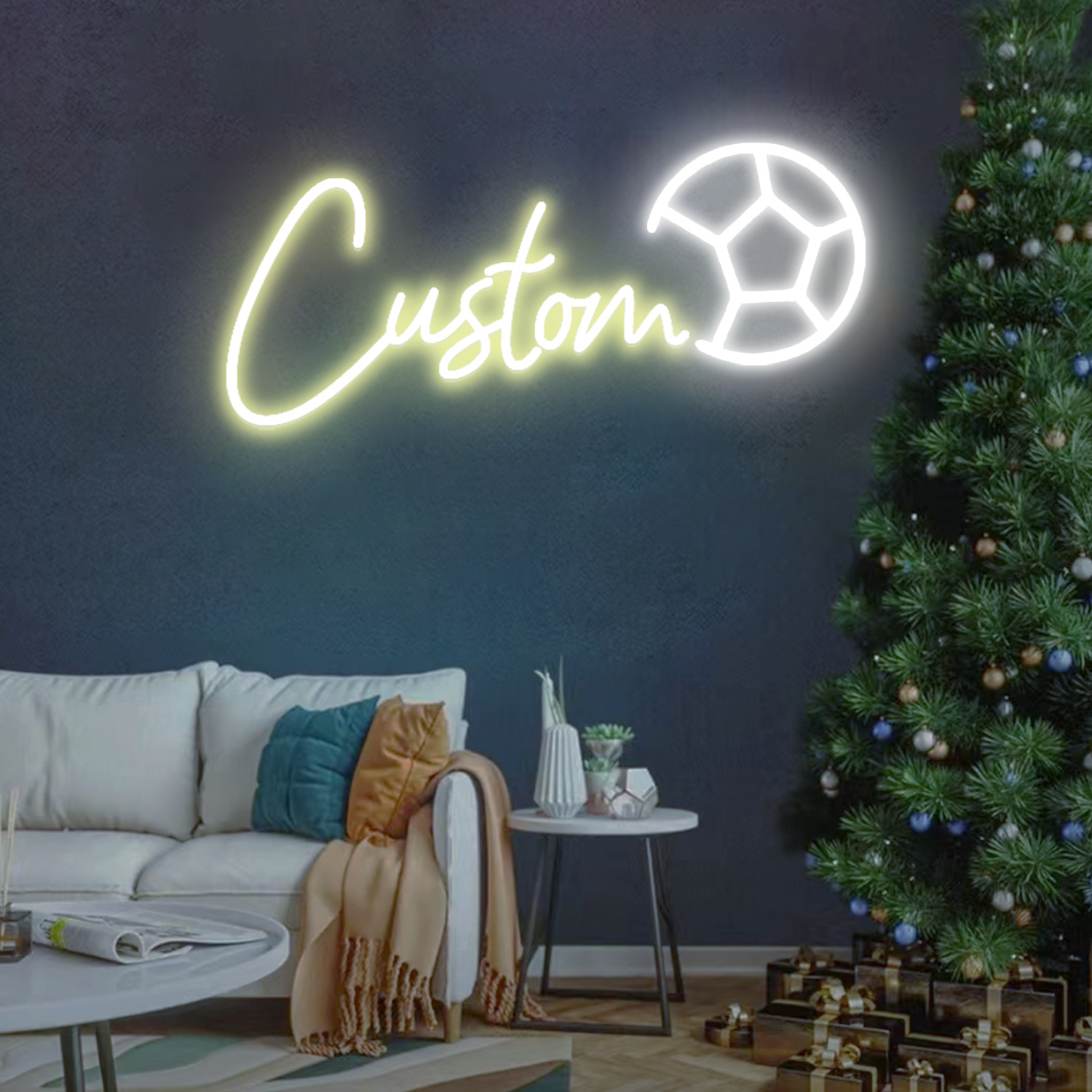customizable led neon sign with adjustable brightness usb powered wall decor featuring soccer ball design   weddings birthdays living rooms bedrooms ideal gift for sports fans bedroom   neon sports sign brick wall mount
