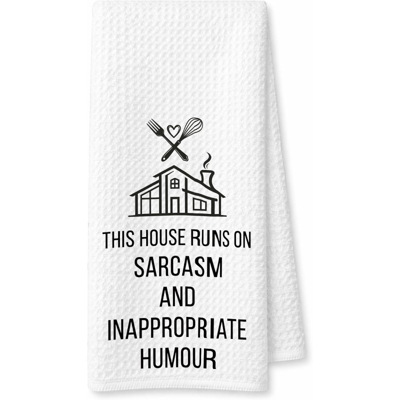 TEMU 1pc Funny Sarcasm Kitchen Towel "this House Runs On Sarcasm" Dish Towels Suitable For , Humorous Housewarming Gifts, Modern Printed Cloth With