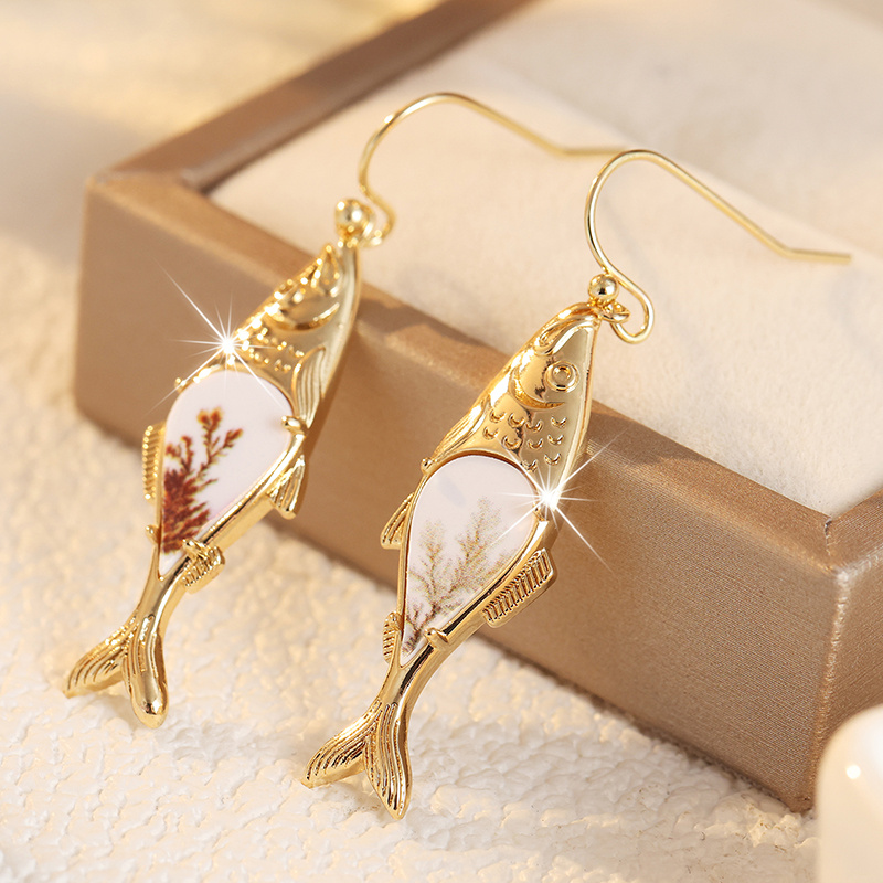 Women's Flower and Leaf Pattern Printed Fish Shaped Pendant Earrings