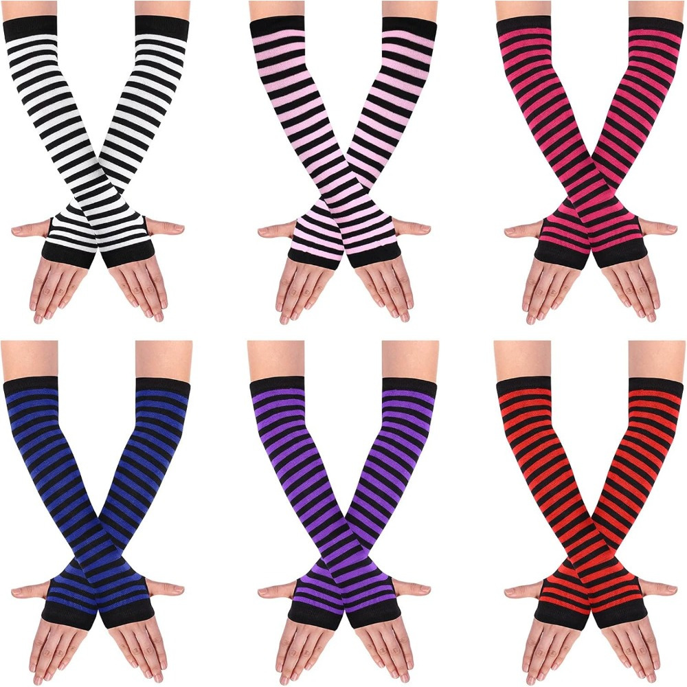 6 Pairs Long Gloves Women's Fingerless Gloves High Stripe Arm Warmer Sleeves Thumb Holes Elastic Gloves For Everyday Wear