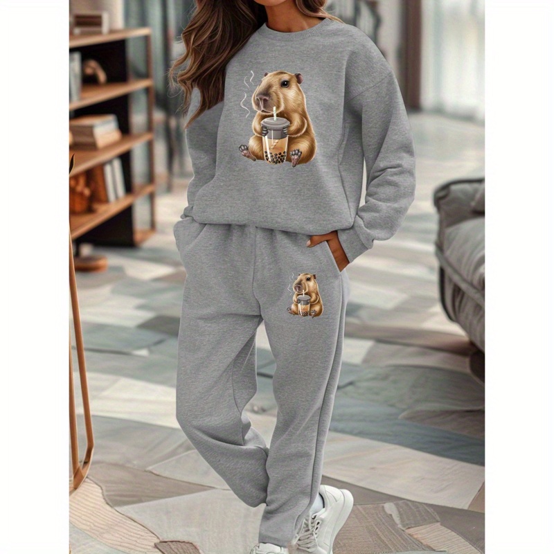 

Capybara Print Two-piece Set, Casual Crew Neck Long Sleeve Sweatshirt & Pants Outfits, Women's Clothing