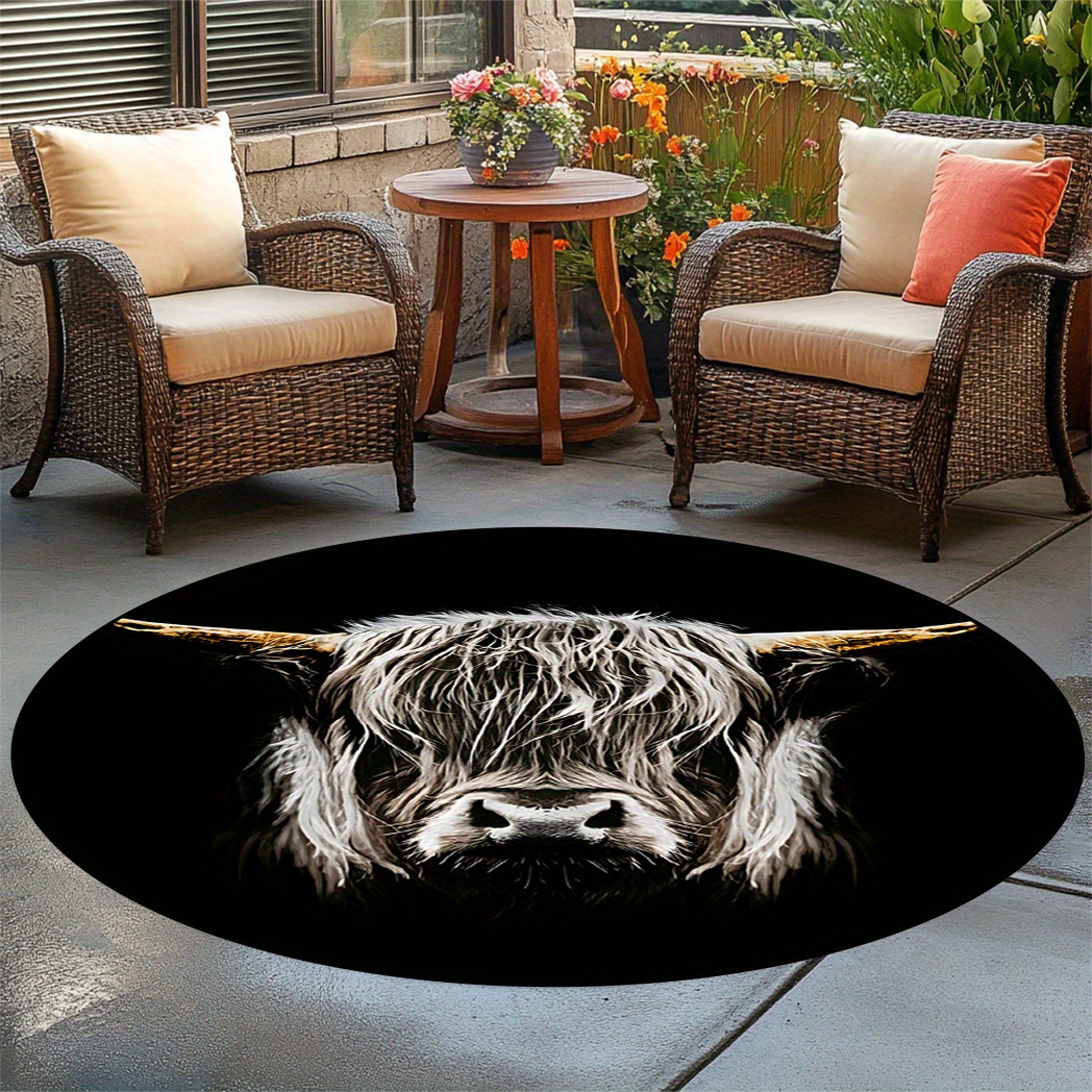 round highland cow pattern area rug non slip machine washable polyester mat for living room bedroom patio balcony perfect housewarming gift hkstorage