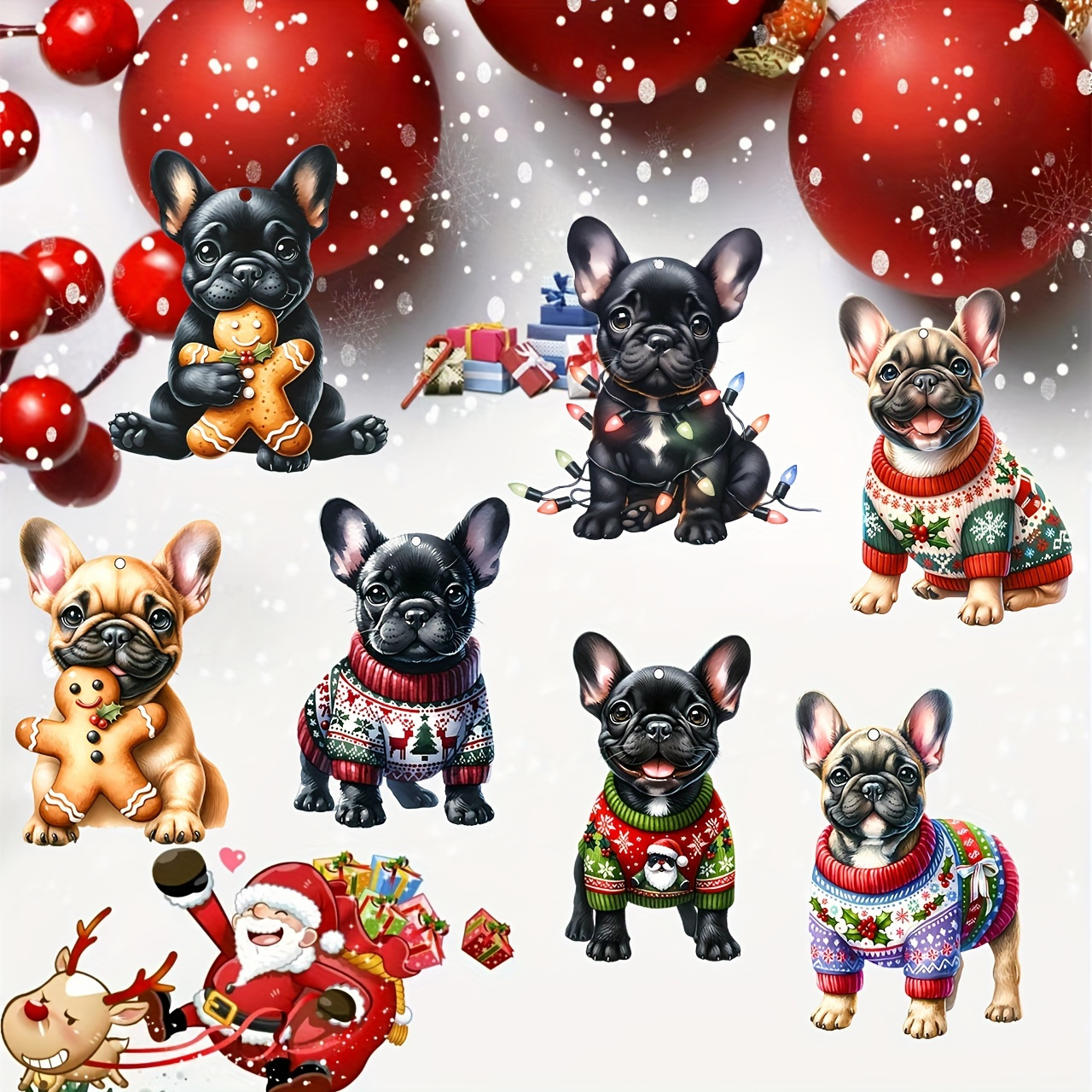 10pcs Festive French Bulldog Christmas Ornaments - Handcrafted Wooden Hanging Decorations with Santa Hats, Scarves & Holiday Outfits, Perfect for Holiday Tree & Home Decor, No Electricity Needed, Christmas Decorations