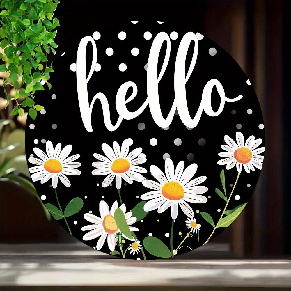 TEMU 2d Flat, 1pc Sunflower & Dot "hello" Welcome Sign - Round Wall/door Hanging Board, Aluminum Indoor/outdoor Decoration Suitable For Living Rooms,