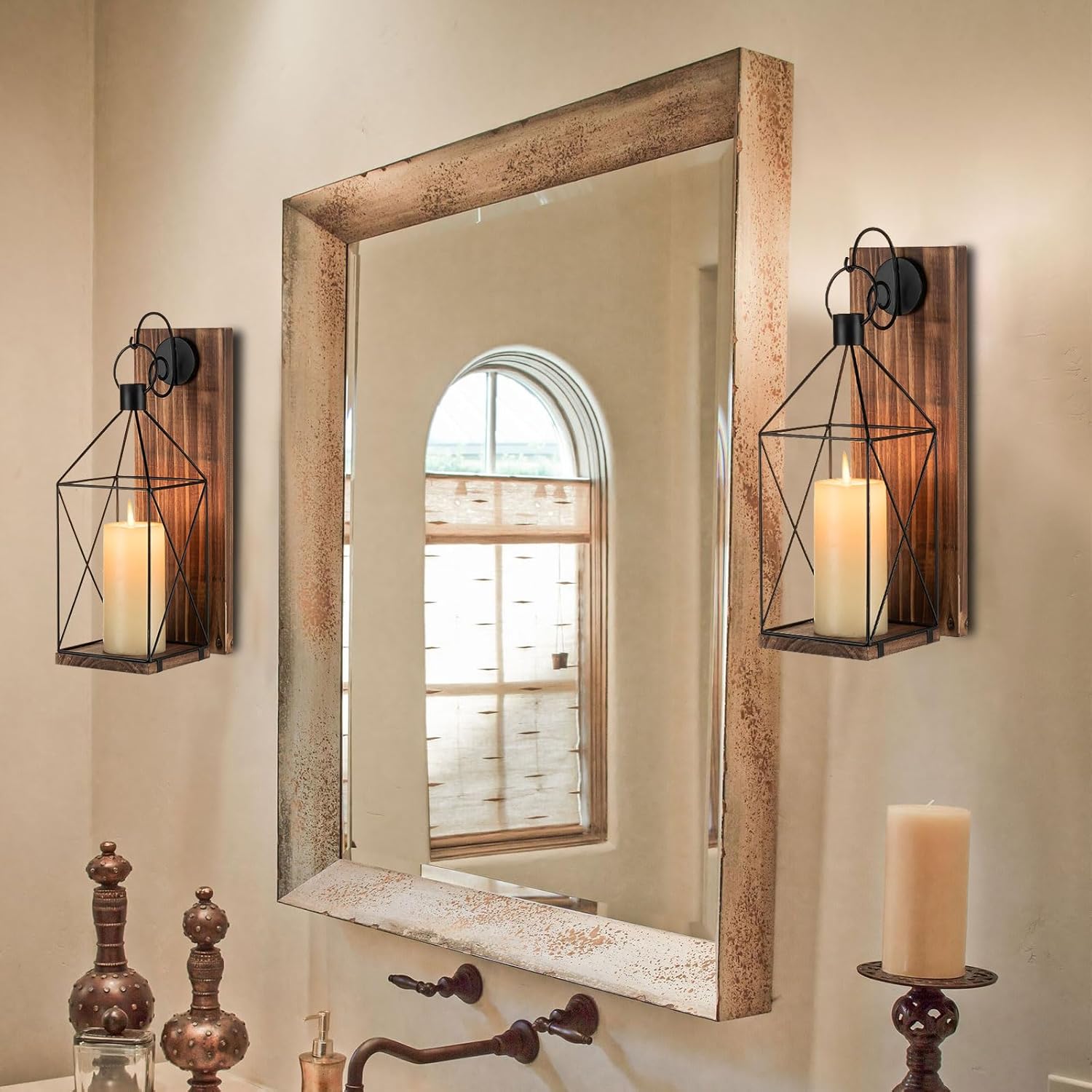 Pine Wall-mounted Square Wind Lantern - Dark Brown - 1 Set (2pcs)