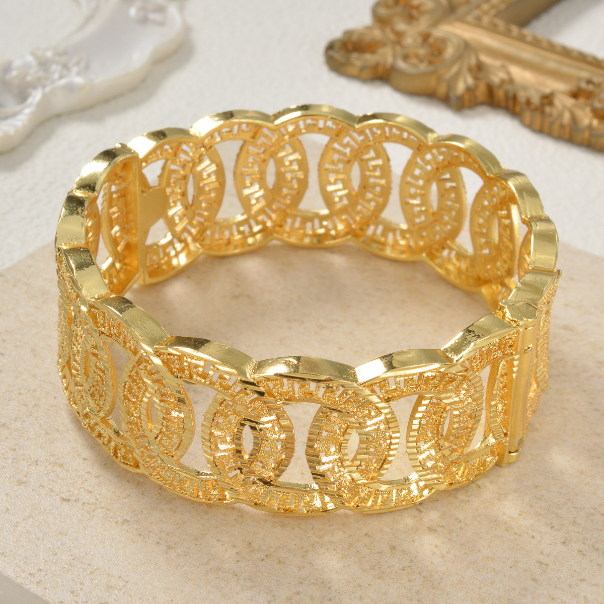 Middle Eastern Geometric Wide Unisex Bangle, Vintage Style