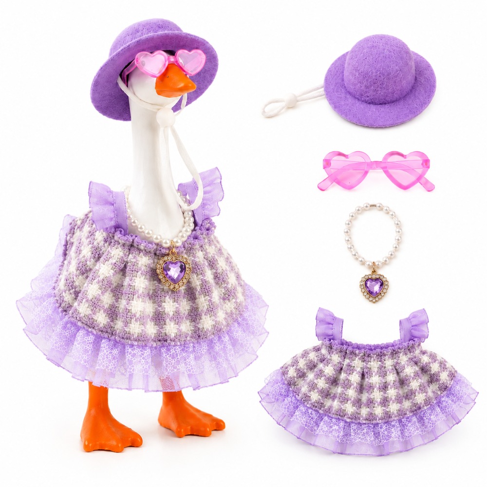 TEMU 7 Inch Desktop Goose Statue Decorative Accessories Set, Purple Lace Skirt With Felt Hat, Heart Glasses & Pearl Pendant, Cute Mini Display Outfit