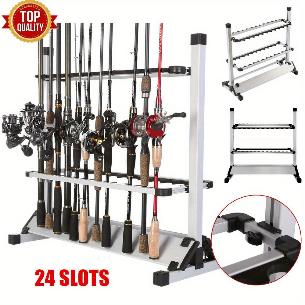 TEMU 24 Rods Fishing Rod Holders, Fishing Pole Holders, Fishing Rod Rack, 24 Slots To Hold Rods & Reel Combo, Lightweight Aluminum Alloy Pole Garage Storage Ground Display Stand, Silver
