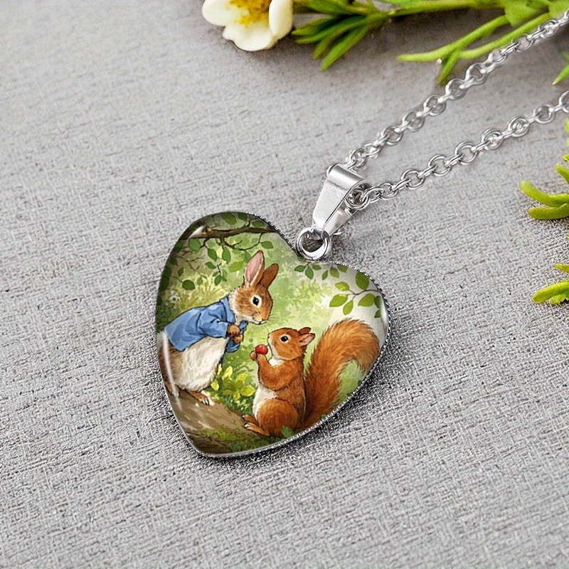 TEMU 1pc Rabbit And Heart-shaped Pendant Glass Necklace Handmade Men's Jewelry