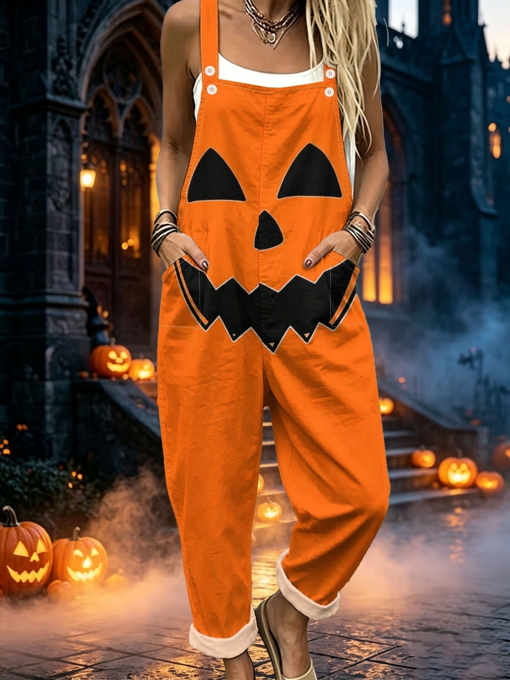 womens casual overalls with orange graphics graphic design sleeves and clip art fashionable sleeveless design with buttons and pockets suitable for vacation and everyday wear loose fit
