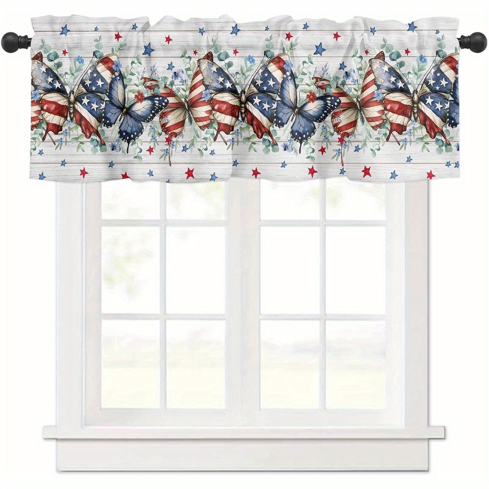 TEMU 1pc 2d Flat Printing Decorative Rod Pocket Short Curtain Short - 1pc Curtain, Patriotic Day Curtain Scarf, Featuring Red And , Butterflies