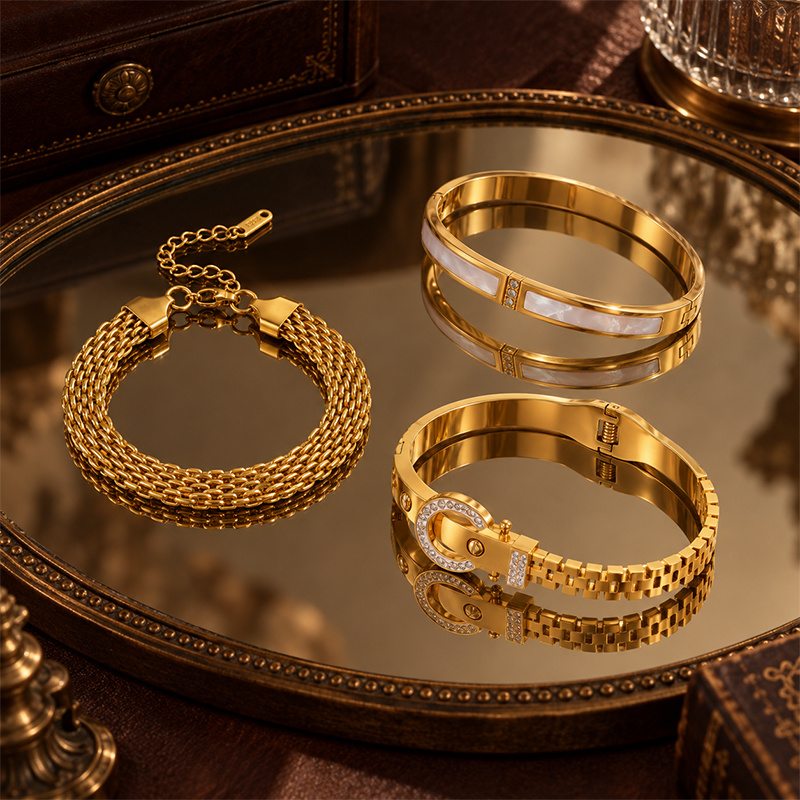 Textured Bracelet and Bangle Pack with Shell Inlaid Slim Bangle
