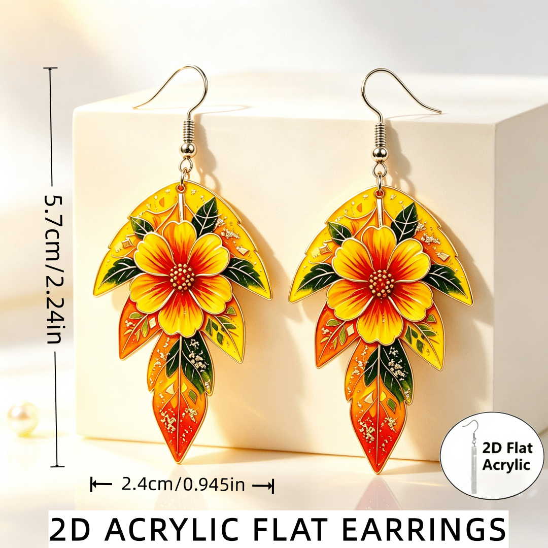 Boho 2D Flat Acrylic Bright Floral Leaf Drop Earrings