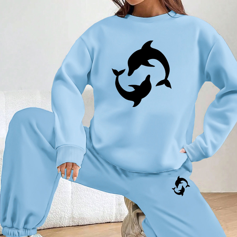 

1set Women's Casual Dolphin Print Sweatshirt And Sweatpants Set - Polyester 100%, Crew Neck, Long Sleeve, Geometric Pattern, Pocket Detail, Knit Fabric, Comfortable Fashion For Fall/winter