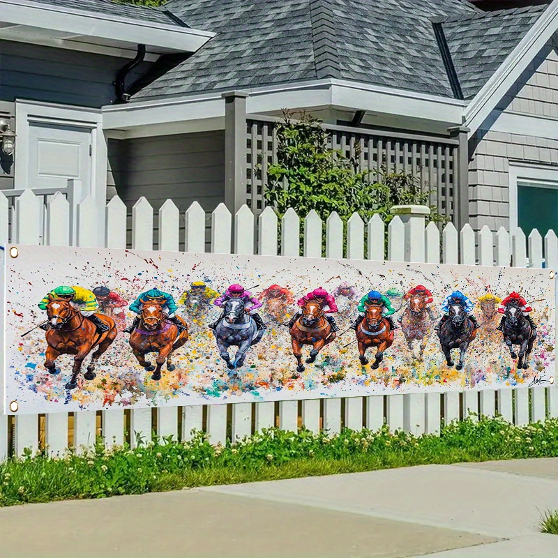 TEMU 1pc Vibrant Horse Racing Theme Polyester Fence Banner - Colorful And Horses , Outdoor Lawn & Wall Decoration For Parties, Holidays, And Sports