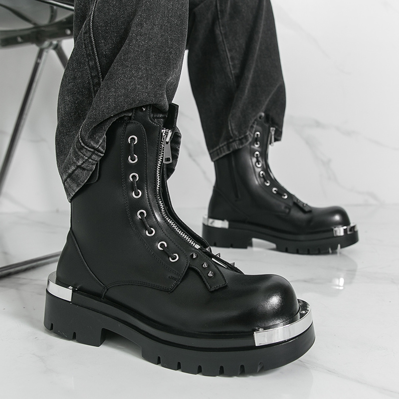 mens black studded calf boots punk style platform work - Temu