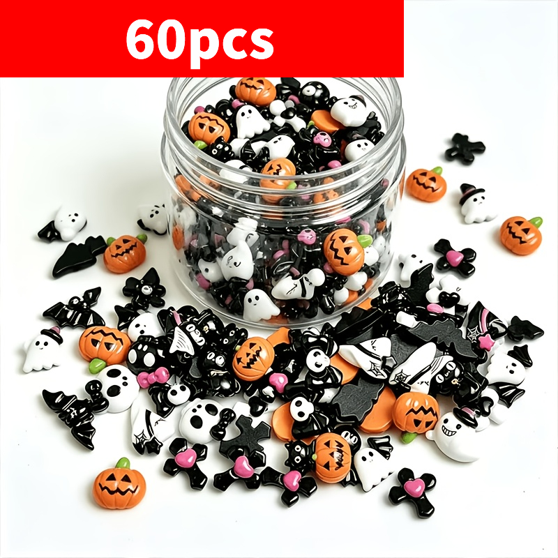 TEMU Juego de 30/60 piezas de adornos de uñas de resina para Halloween, adornos de reverso con calavera, calabaza, murciélago, gato , perfectos para