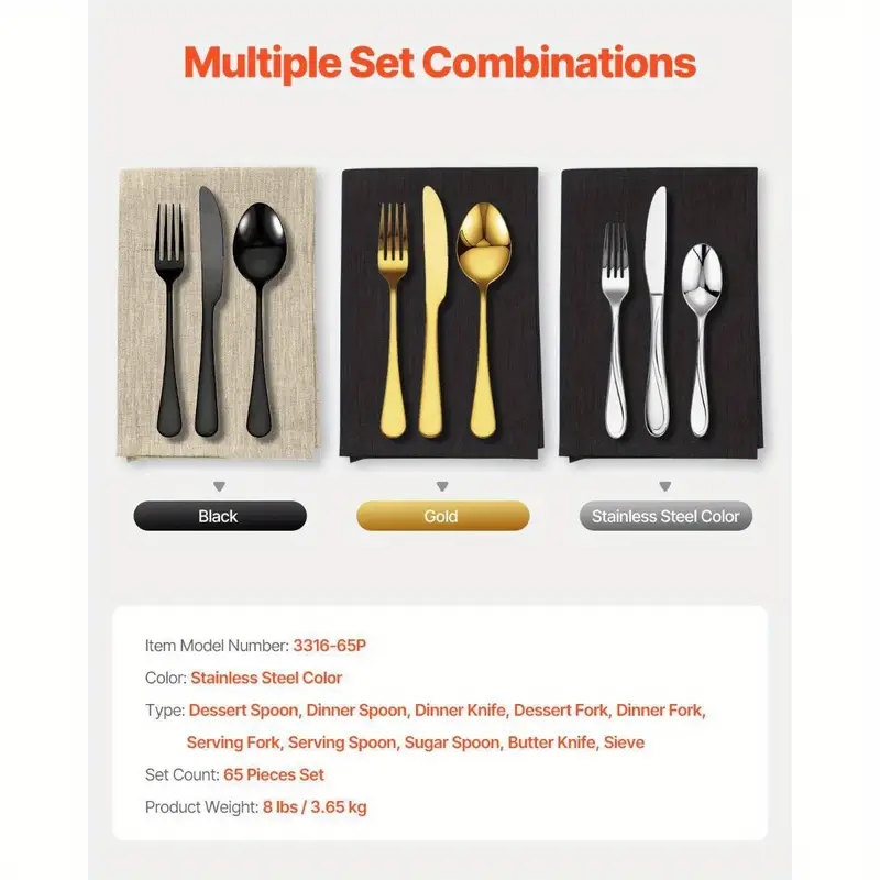 65pie silveryware set stainless steel cutlery flatware utensil kitchen for 12 Product details 6