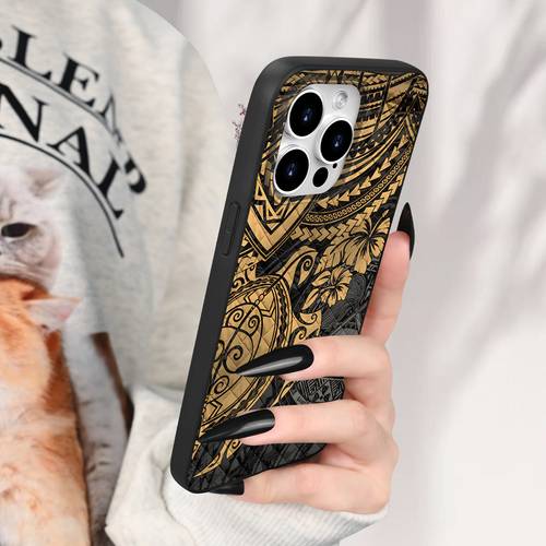 phone case traditional geometric patterns spiral designs of a sea turtle symbolizing and protection along with the hawaiian hibiscus flower primarily in black and