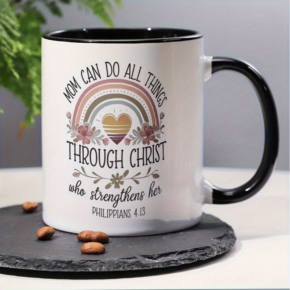 1pc 11oz ceramic coffee mug mom can   things through christ   verse philippians 4 13 with rainbow   insulated reusable cup dishwasher safe inspirational gift for christian moms wives grandmas mothers day christmas birthday from husband son daughter coffee cup religious   elegant script design durable drinkware details 5