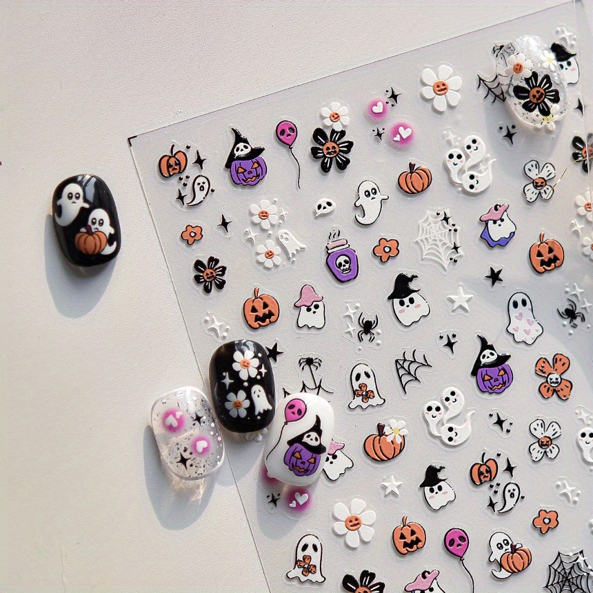 1pc Of Halloween-themed Cartoon Nail Art Stickers Featuring Self-adhesive Designs Of Cute Pumpkins, , And Spiderwebs, Perfect For Nail Decoration For Women And At Halloween Parties