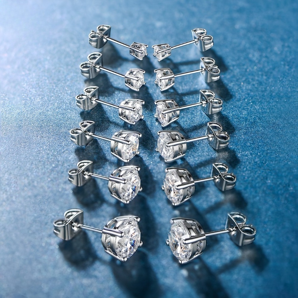 TEMU 6 Pairs Of 925 Sterling Silvery Stud Earrings, Unisex, Suitable For Multiple Piercings, Made Of Moissanite, In 3/4//6/7/8mm Sizes, Perfect For