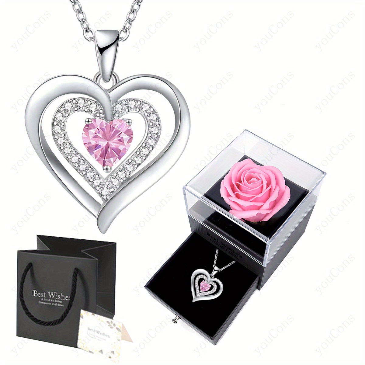 Image of Stone October Birthstone Heart Pendant Love Necklace, Eternal Pink Rose Acrylic Gift Box Set With Greeting Card And Gift Bag - For Weddings, Dates, Mother's Day, Valentine's Day, Christmas, Birthdays