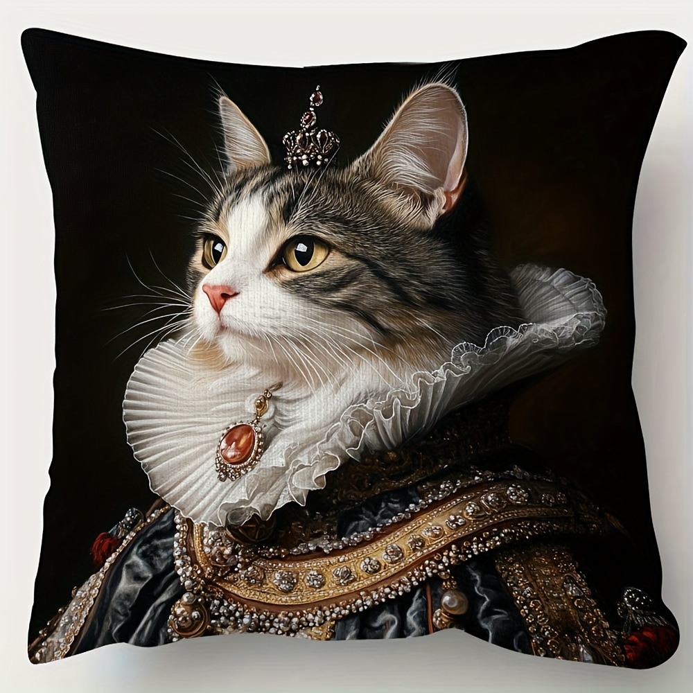 TEMU Housse de coussin décorative 1 pièce Chat royal de , x , en peluche courte douce et au lisse, motif imprimé sur une seule face avec un de roi