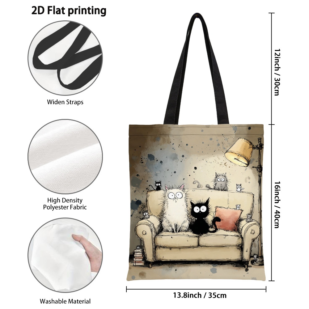 TEMU 【商品名】心地よい猫のデザインが特徴的ななトートバッグ - 快適なショルラップ付きで、旅行、ビーチ、通勤、買い物に最適な、耐久性のあるポリエステル製のファッショナブルで再利用可能なグロッサリーバッグ