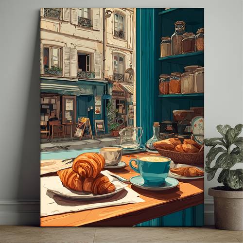 photo de l'article art mural plat 2d, 2d plat, 1 pièce du représentant une animée de café avec du café et des croissants, avec une cadre en toile enveloppante en bois naturel, conçu pour une installation facile avec des crochets ou de ladhésif