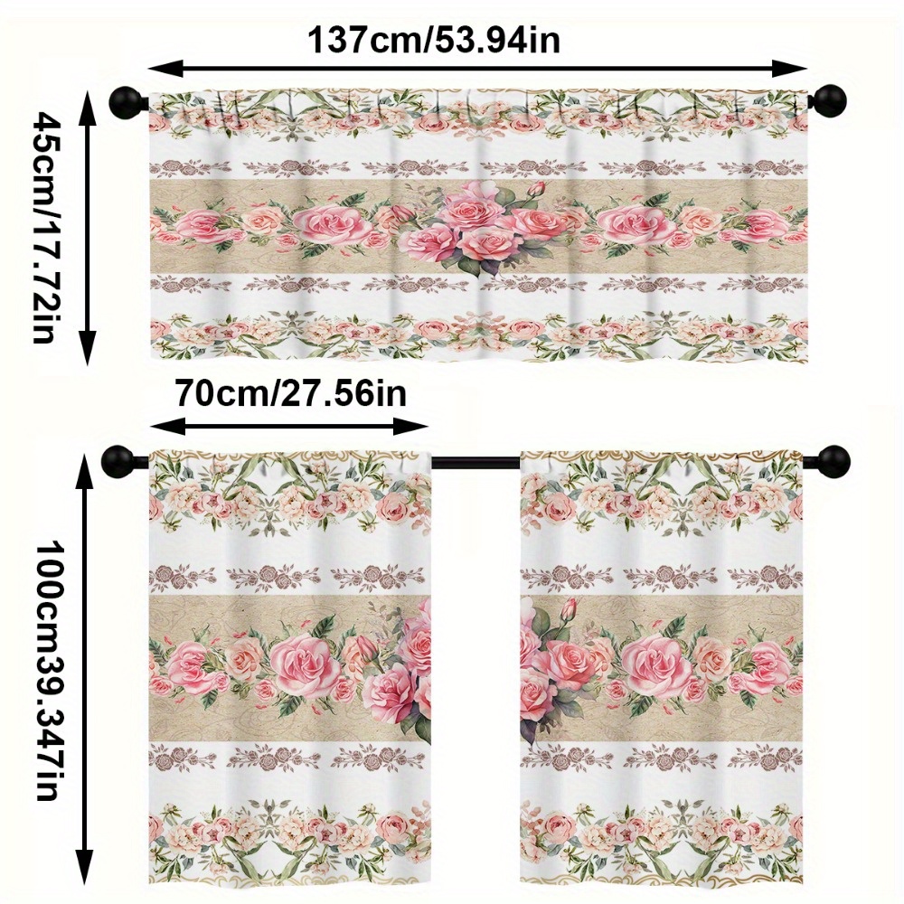 TEMU Ensemble de 3 pièces de rideaux de cuisine, ensemble de rideaux à imprimé floral de roses roses, voilage à passe-tringle, 1 voilage/2 rideaux de
