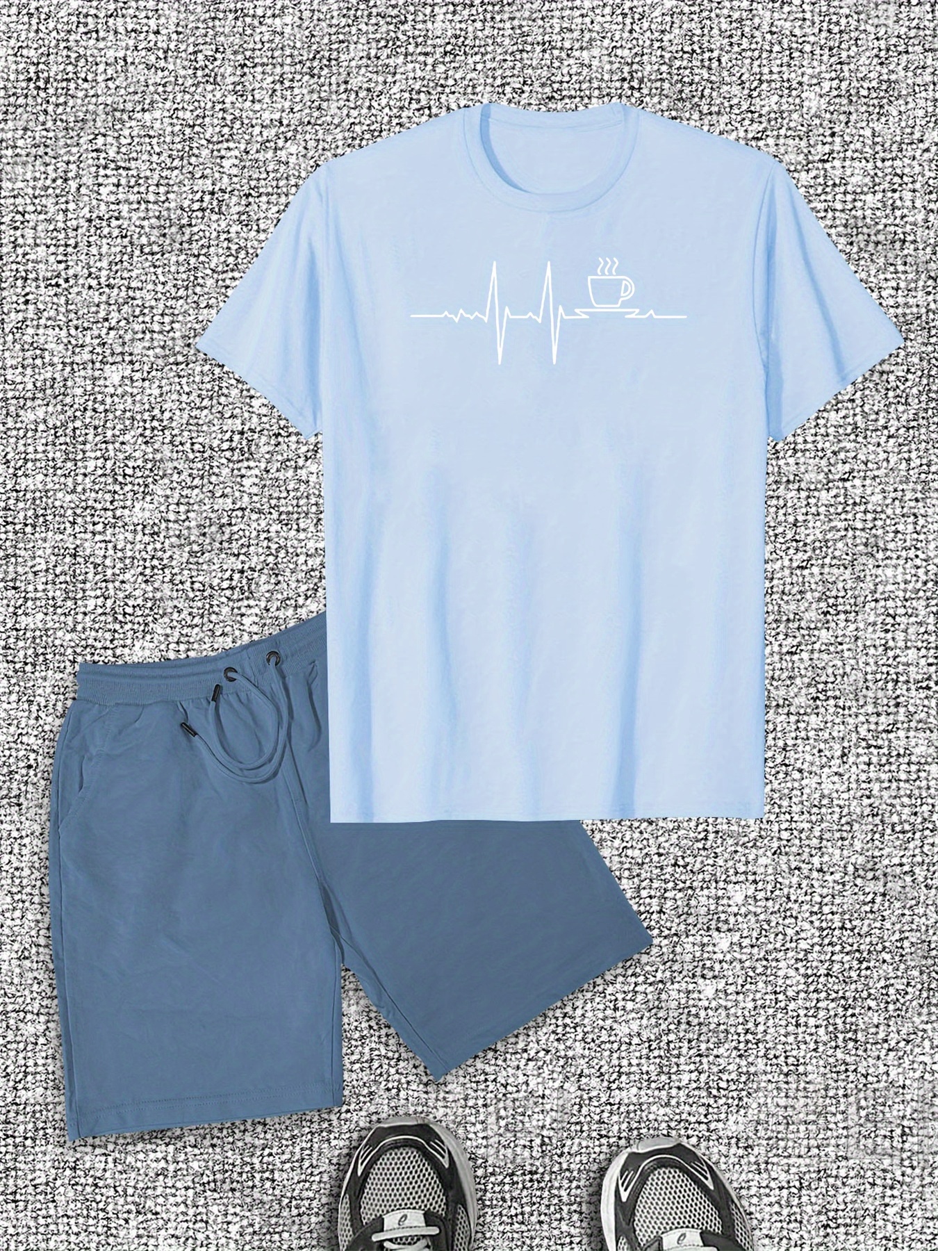 Men's Coffee Signal Pattern Short Sleeve T-Shirt Shorts Casual Set