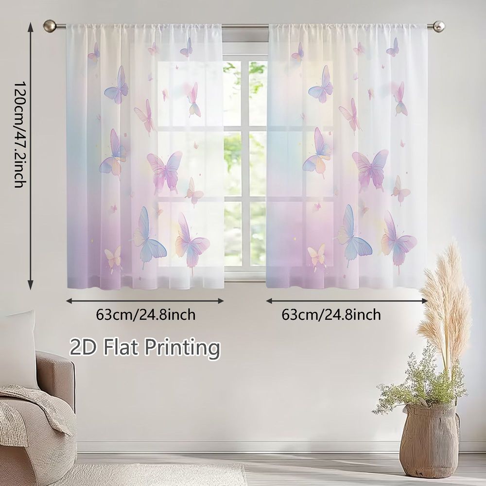 TEMU Plat 2D, 2 Panneaux de Rideaux Voir- Papillons Pastel à Passe-Tringle pour Fenêtre, Convient pour Pièce, Chambre - Panneaux Semi-Transparents à