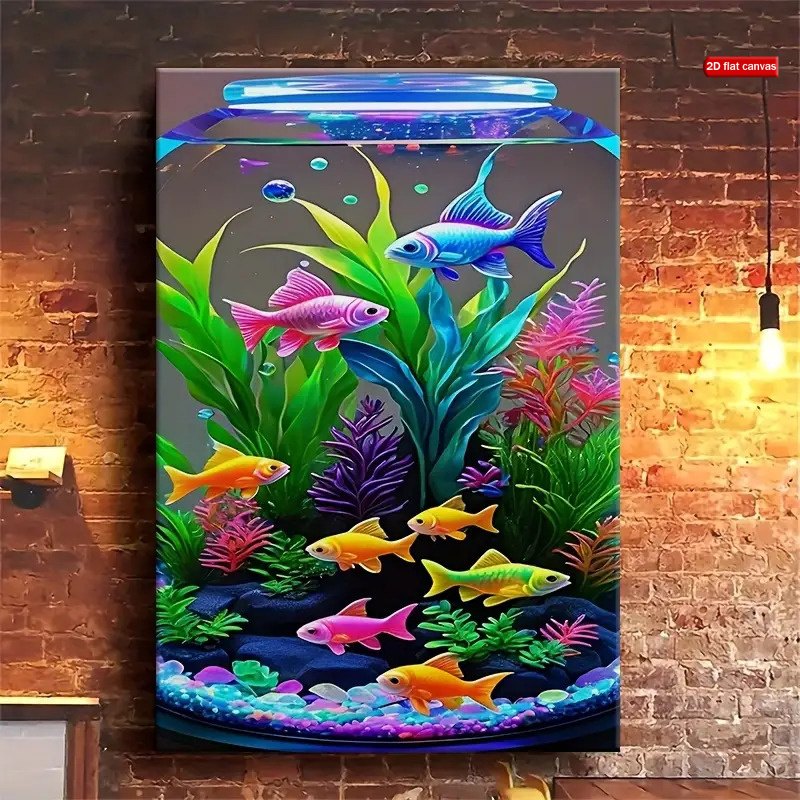 TEMU 2d Flat, 2d Flat Led Neon Light Aquarium Canvas Wall Art With Solid Wood Frame, Framed& Frameless Glowing Marine Painting With Fish& Design,