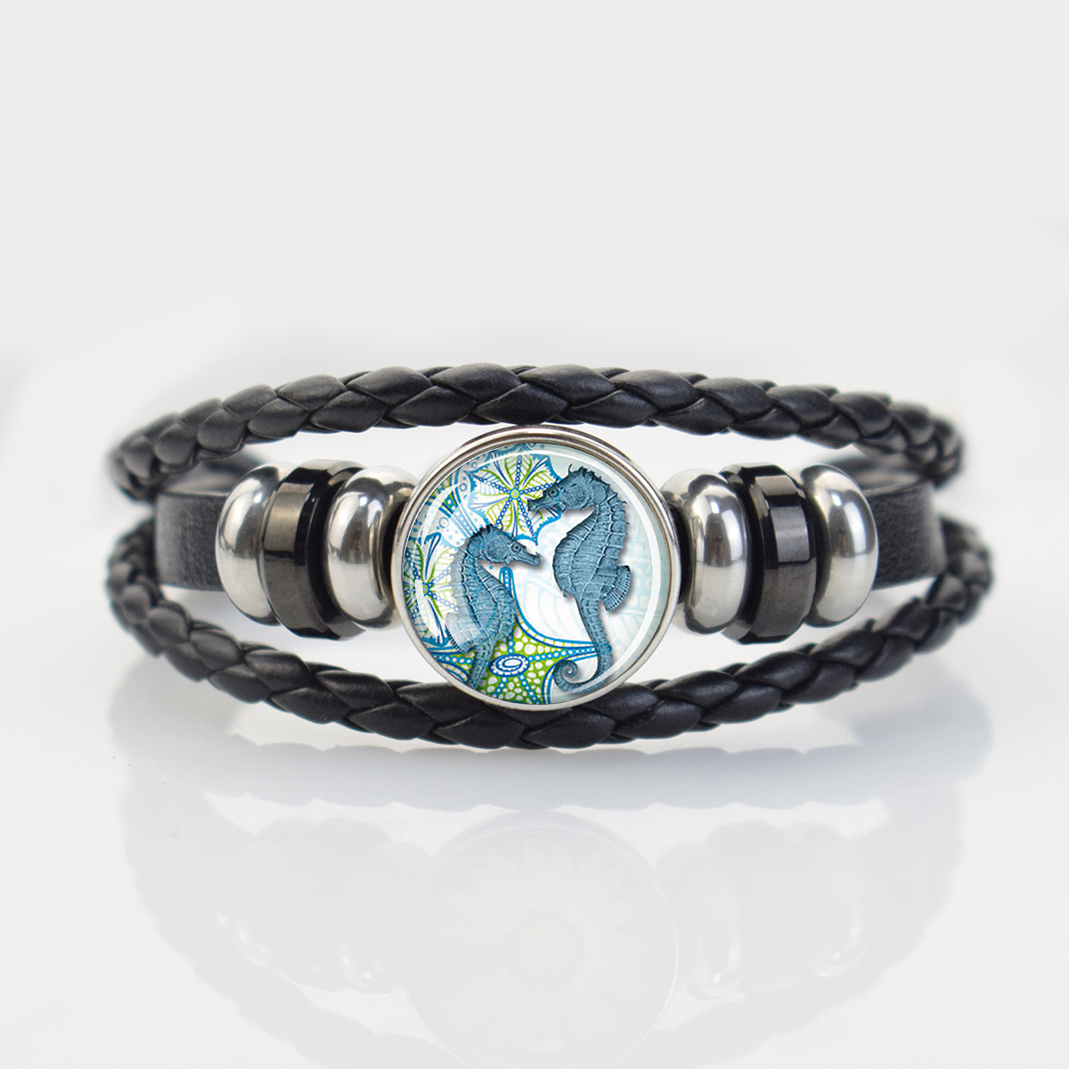 Ocean-Themed Black Braided Bracelet with Marine Animal Patterns