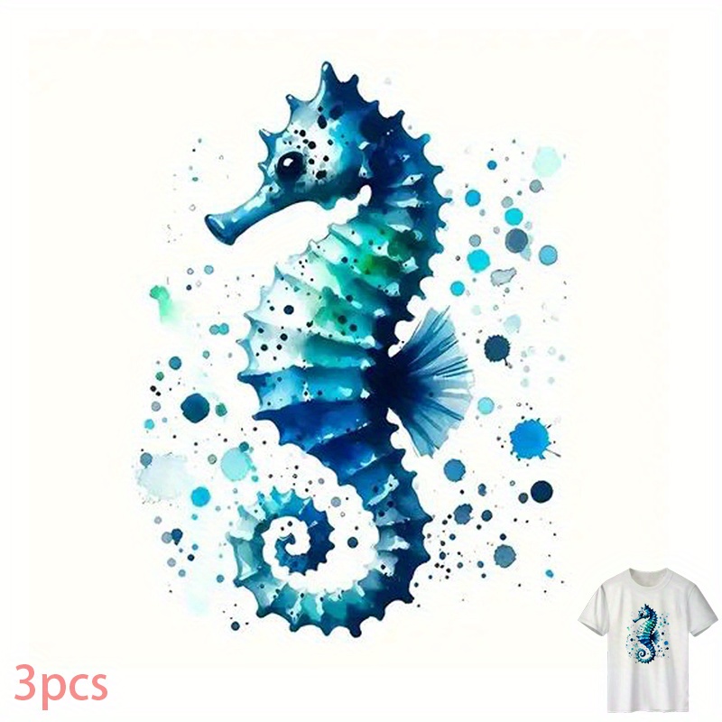 E-shop 3 Stk. Blaue Seepferdchen T-Shirt Wärmeübertragungsaufkleber DIY Heißpress-Transfers Kleidungssticker Schneidbar Keine Hochwertiges Material