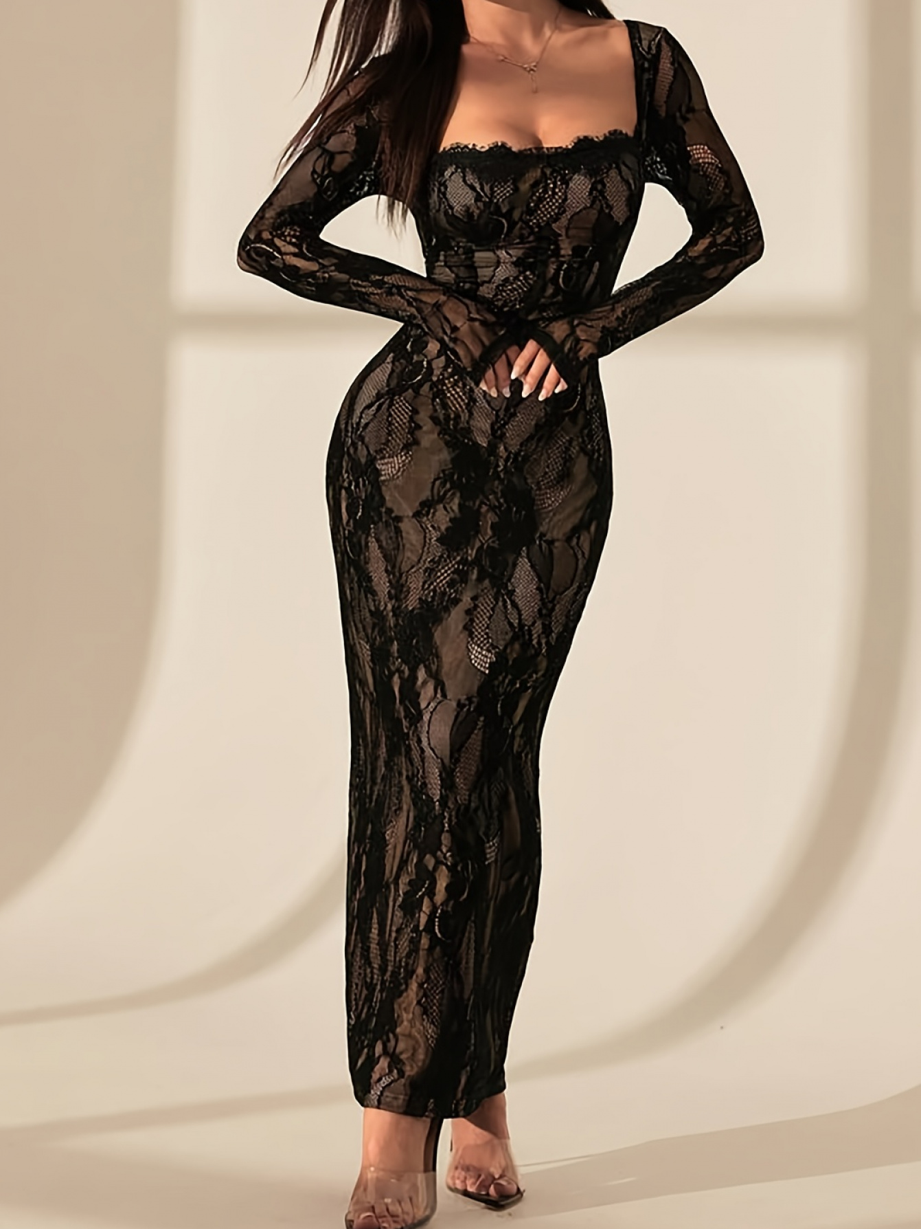 Autumn Black V-Neck Contrast Color Lace Dress - Women'S Clothing
