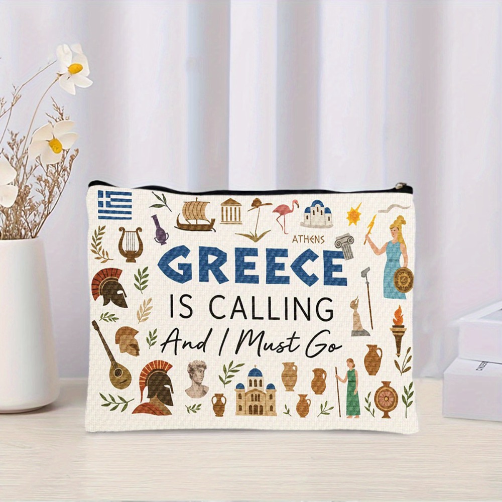 TEMU 1 Greek Double-sided Makeup Bag - Ancient Greek Travel Cosmetic Pouch With "greece Is Calling" Design, Zipper Closure, Column And Pattern - Gift