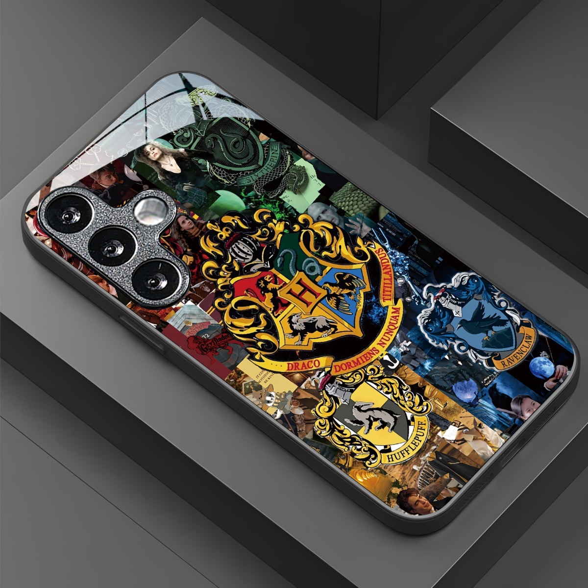 TEMU Phone Case: Warner Harry Potter Badge Tempered Glass Black Phone Case, Tough Shiny Glossy Glass Cover, For For Galaxy