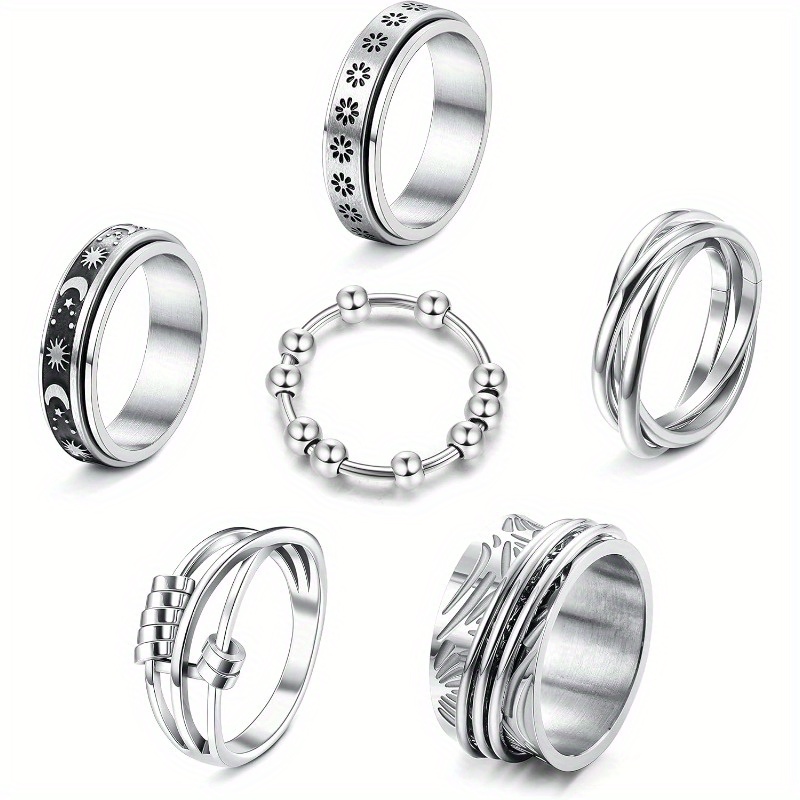 6pcs stainless steel spinner ring anti anxiety fidget rings for women men cool stress relieving spinning moon star rings to match   outfits Product details 1
