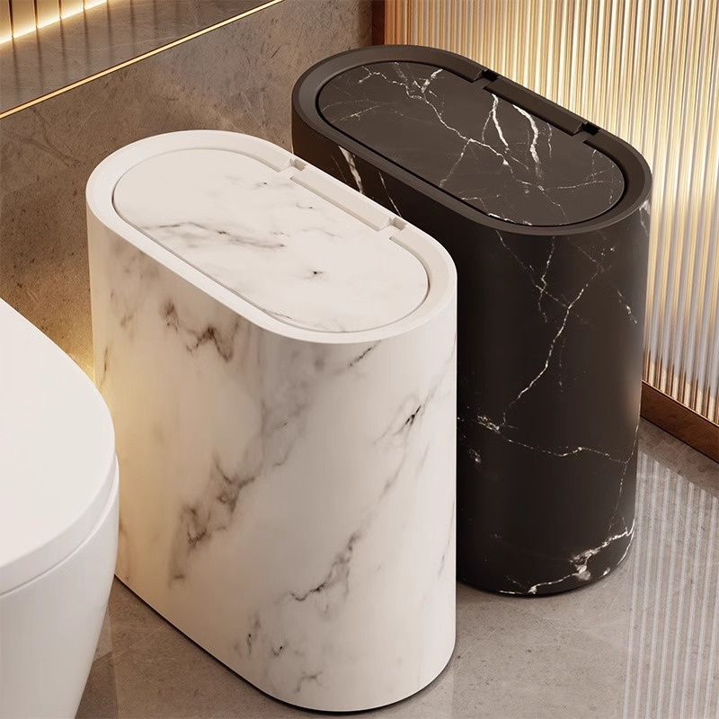 

Compact 14l Marble & Wood Grain Plastic Bin With Lid, Square Odor-sealing Trash Can For Bathroom, Kitchen, Living Room - No Electricity Needed, Fits Narrow Spaces