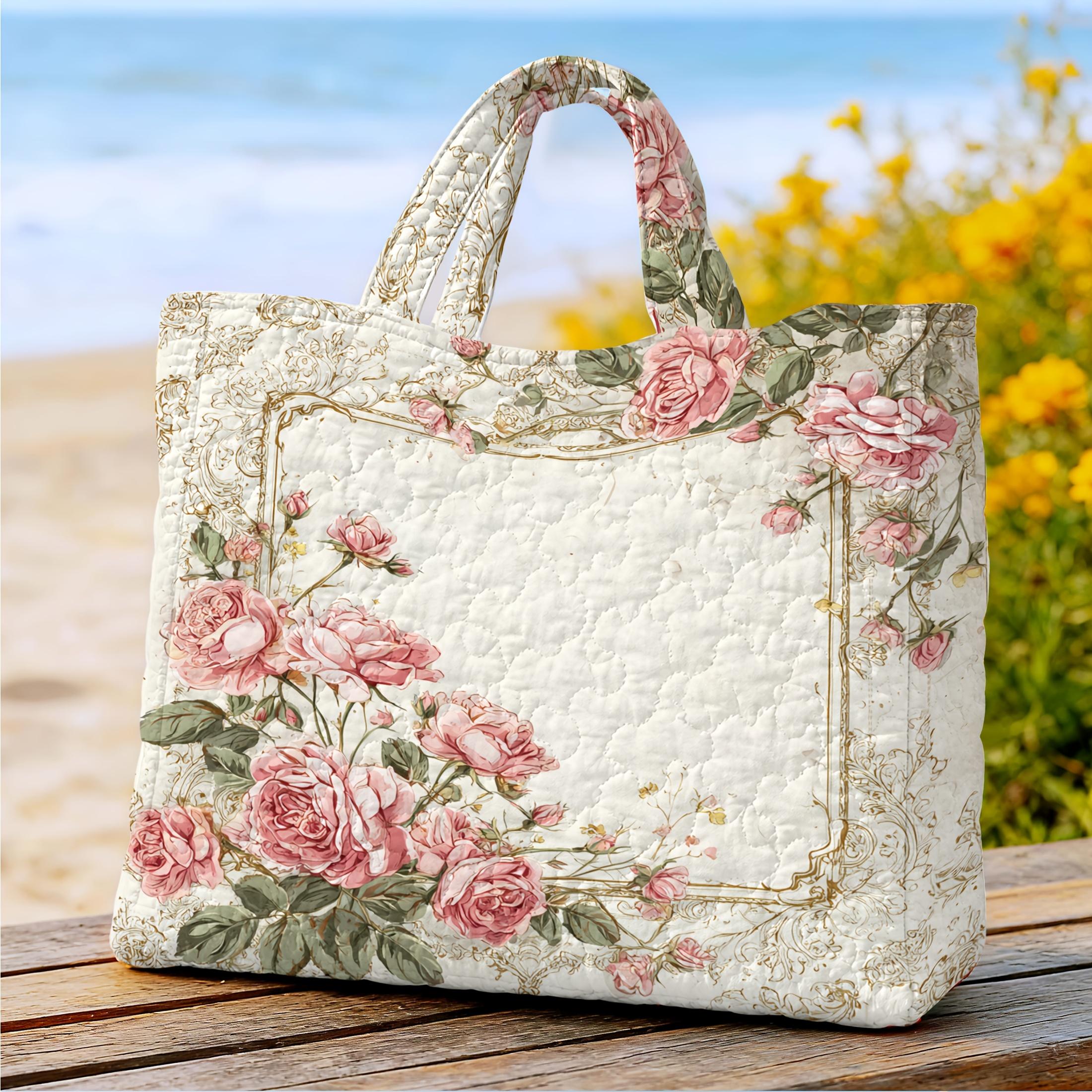 TEMU Women's Tote Bag, Featuring A Rose Photo Frame 2d Flat Print| Multifunctional Large-capacity Quilted Bag, Perfect For Carrying Books, Laptops,