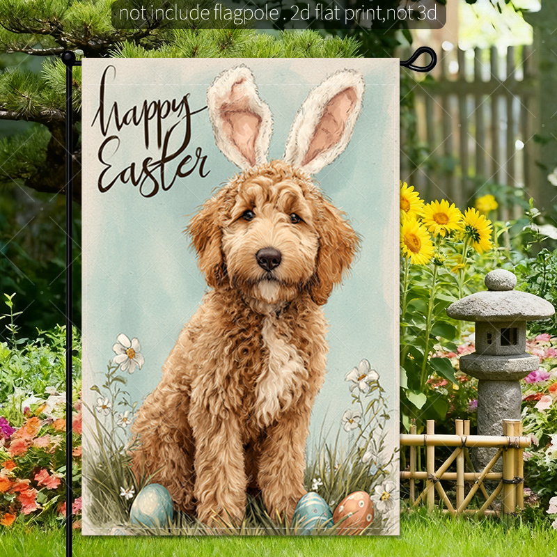 TEMU 2d Flat - 2d Flat - 1pc A Two-dimensional, Double-sided Garden Flag Featuring A Cute Brown Goldendoodle Wearing Bunny Ears, Perfect For Easter,