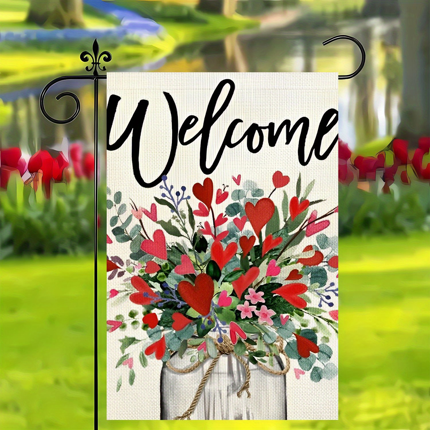 

1pc Valentine's Day Garden Flag - Double-sided Linen Welcome Sign With , & Washable, No Electricity Needed, Ideal For Lawn, Yard, And Outdoor Holiday Decor, Pole Not Included