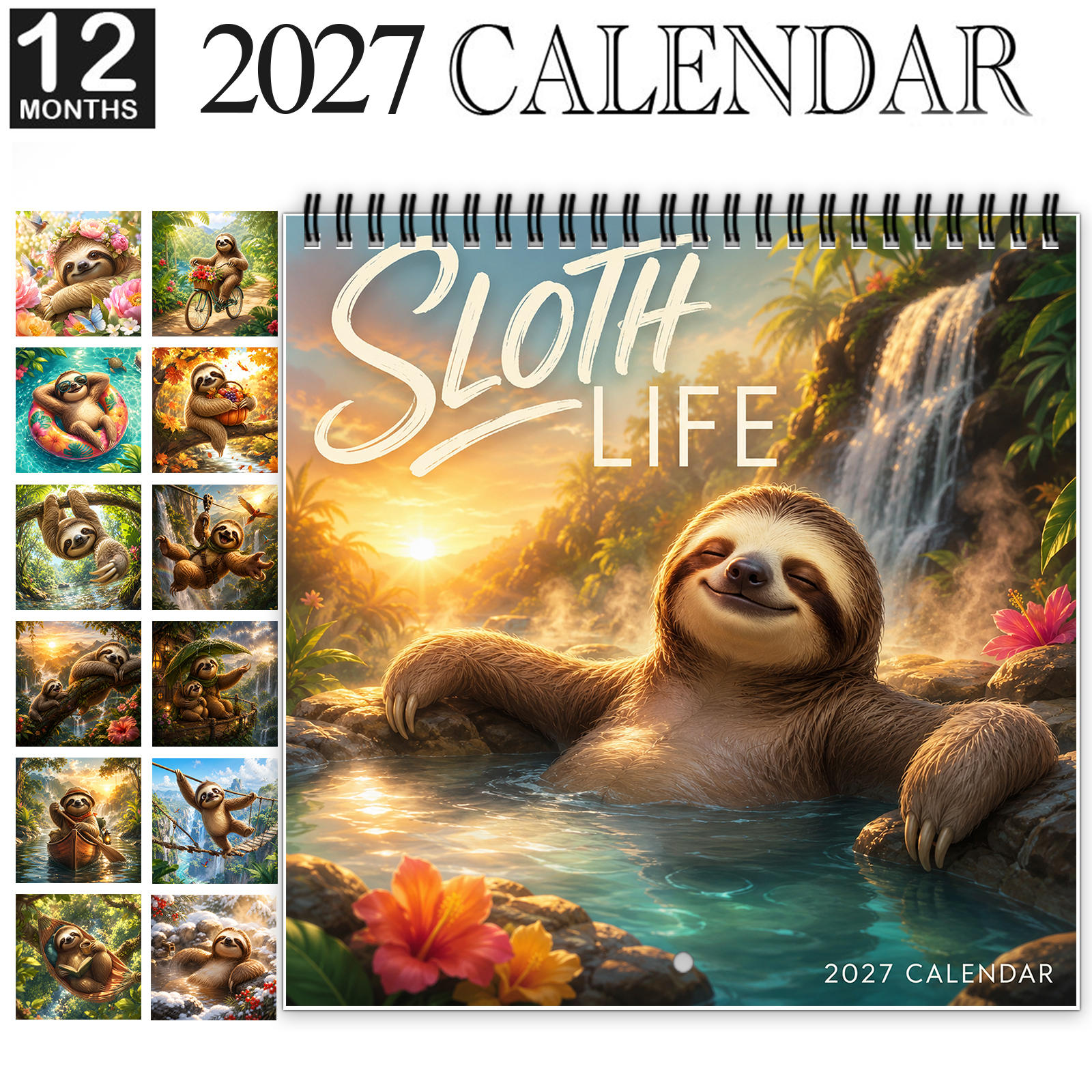 TEMU 1pc 2027 Wall Calendar, Spiral-bound 12-month Whimsical Pet Calendar With Large Date Blocks, Features Cute In Lazy Everyday And Sunset Water