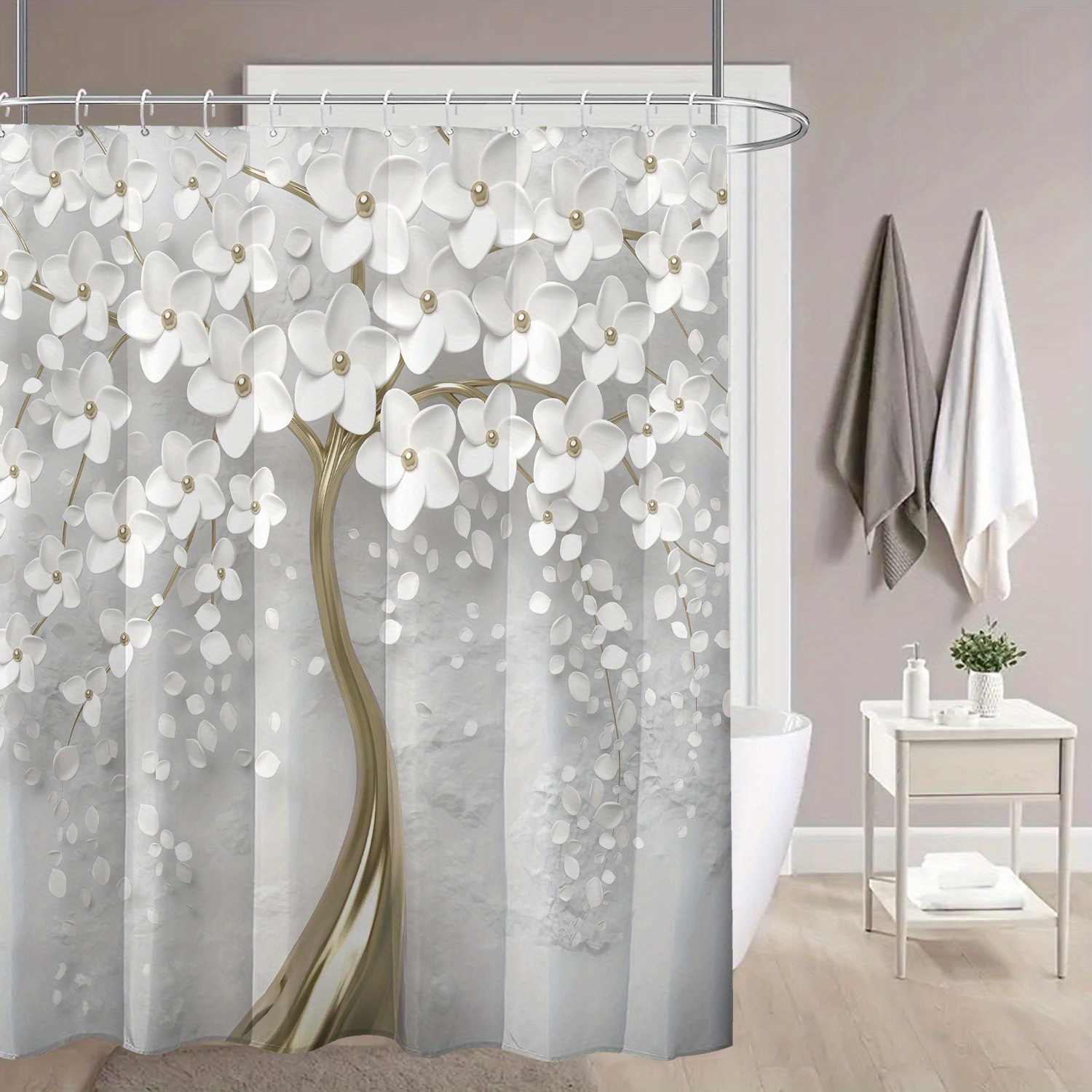 

1pc Pearl Print Shower Curtain, Water-resistant Polyester Fabric With Hooks, Machine Washable, Unlined, Arts Theme, Bathroom Decor, 71x71 Inches, Shower Curtain For Bathrooms