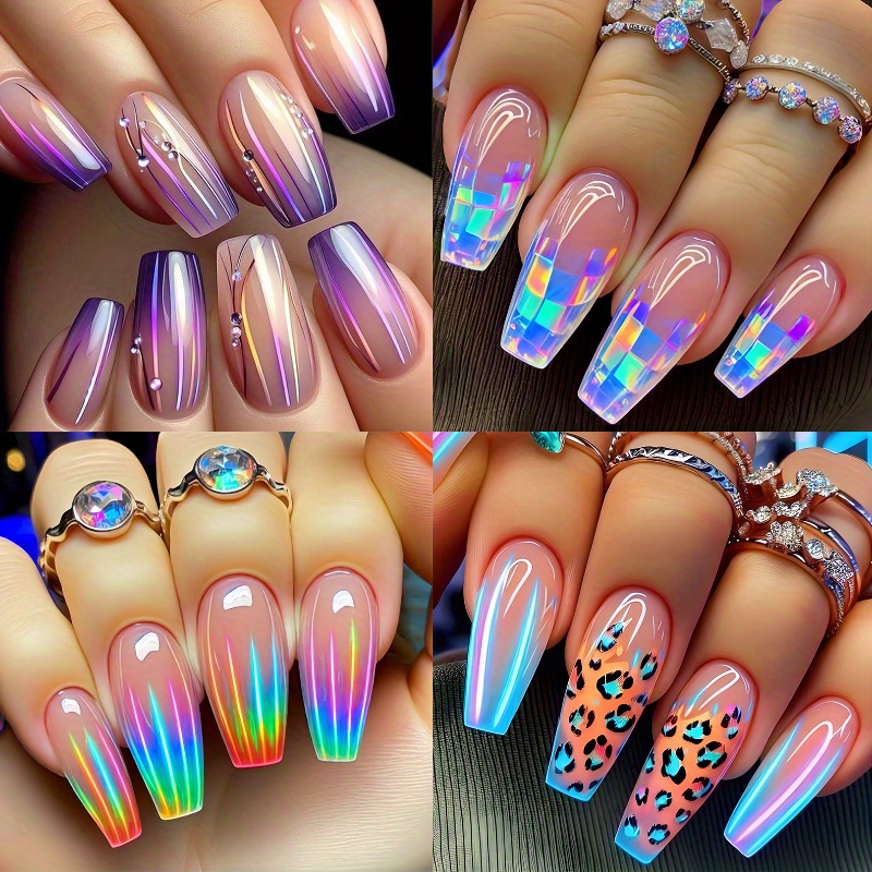 TEMU Medium-length Square False Nails Featuring A Stripe Gradient, Full Cover Artificial Coffin Nails With Leopard Print Designs, And Acrylic Smudge