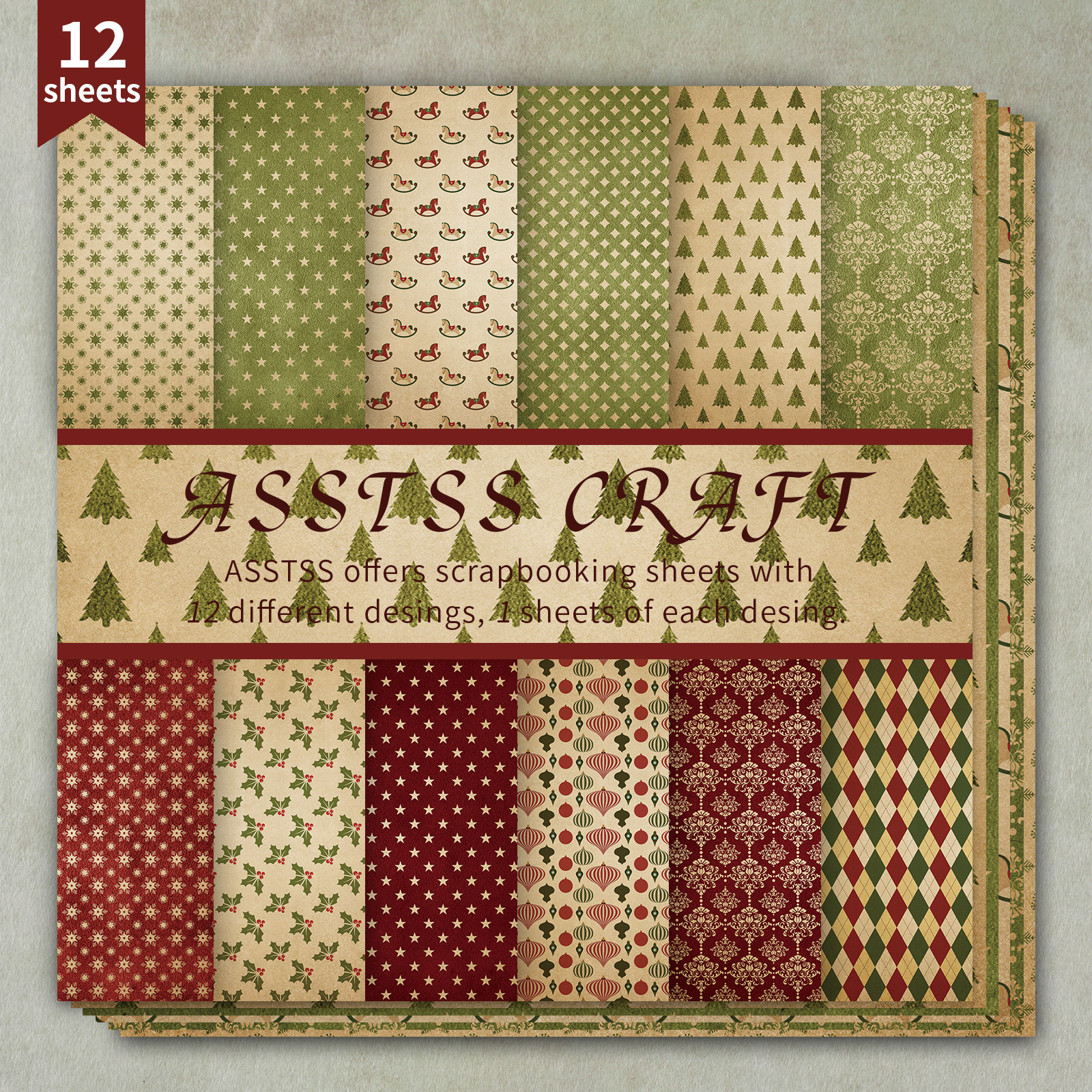TEMU ASSTSS Bloc de Papier de Scrapbooking Vintage de Noël de 12 Feuilles - Carton Épais avec Floraux & de Fêtes de 6"x6" Adapté pour le Journaling,