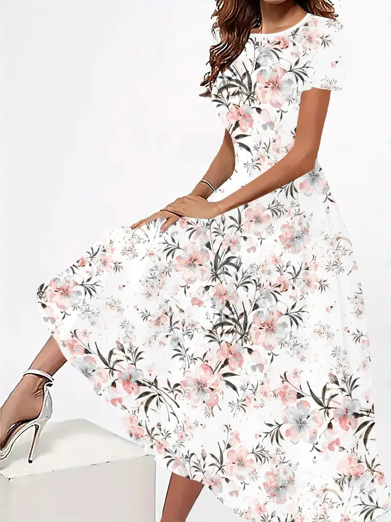 womens elegant floral print midi dress polyester 95 spandex 5 knit fabric crew neck short sleeve fitted dress for spring summer fall 180g m all Product details 0